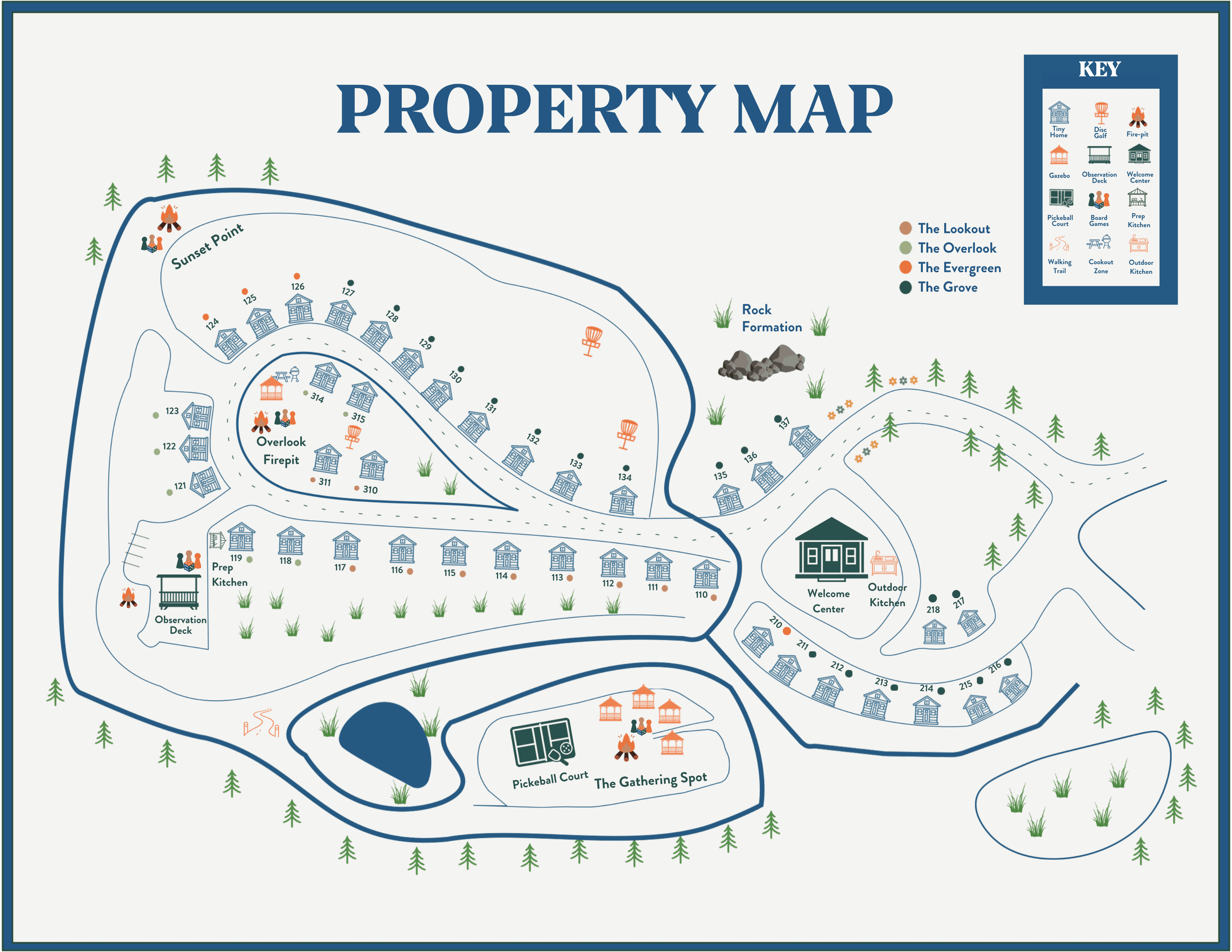 Illustrated Sojourn property map showing tiny-home numbers, roads, the Welcome Center, shared gathering spots, and activities