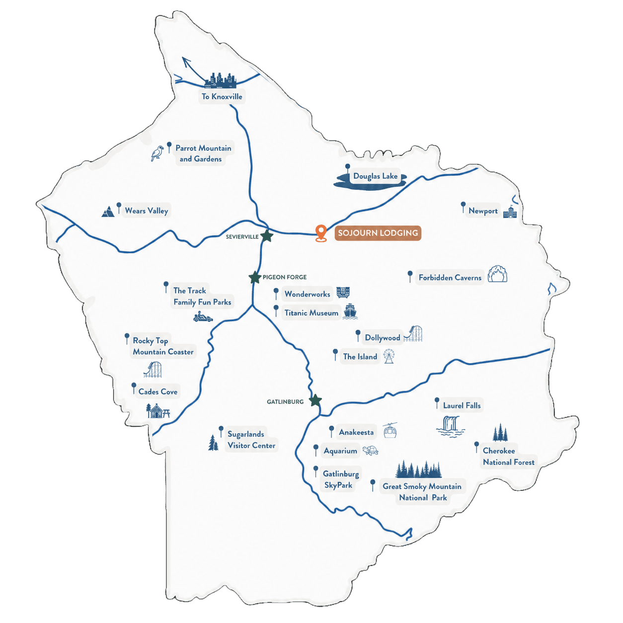 Regional map showing Sojourn Lodging's proximity to Dollywood, Gatlinburg, the Smoky Mountains, and other local attractions