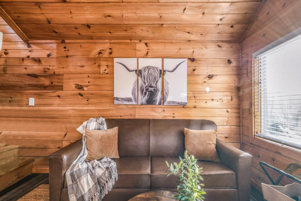 Brown leather sofa beneath a highland cow art piece
